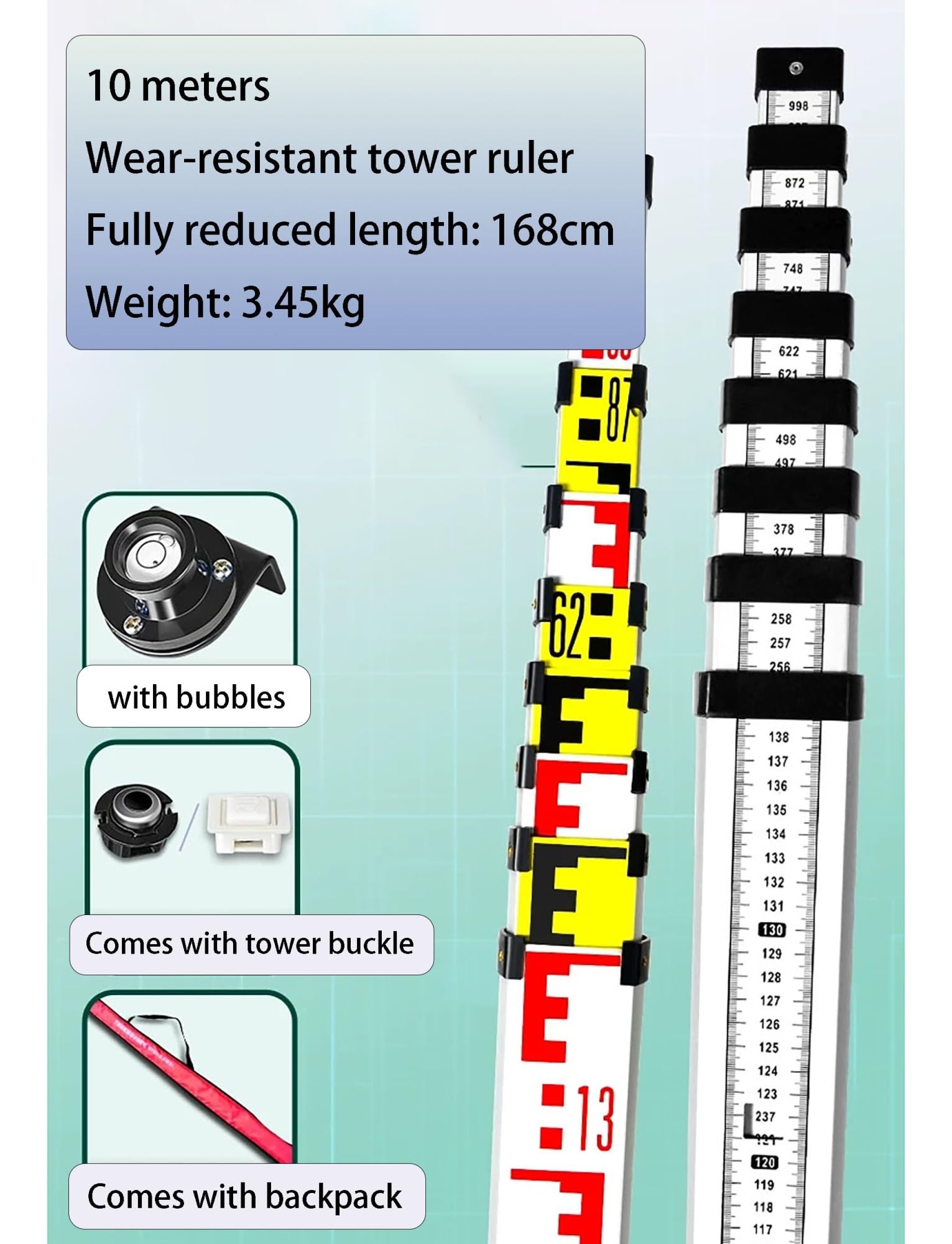 Vara de medición telescópica de Aluminio (10 m, Escala de 1 mm) para topografía y construcción.