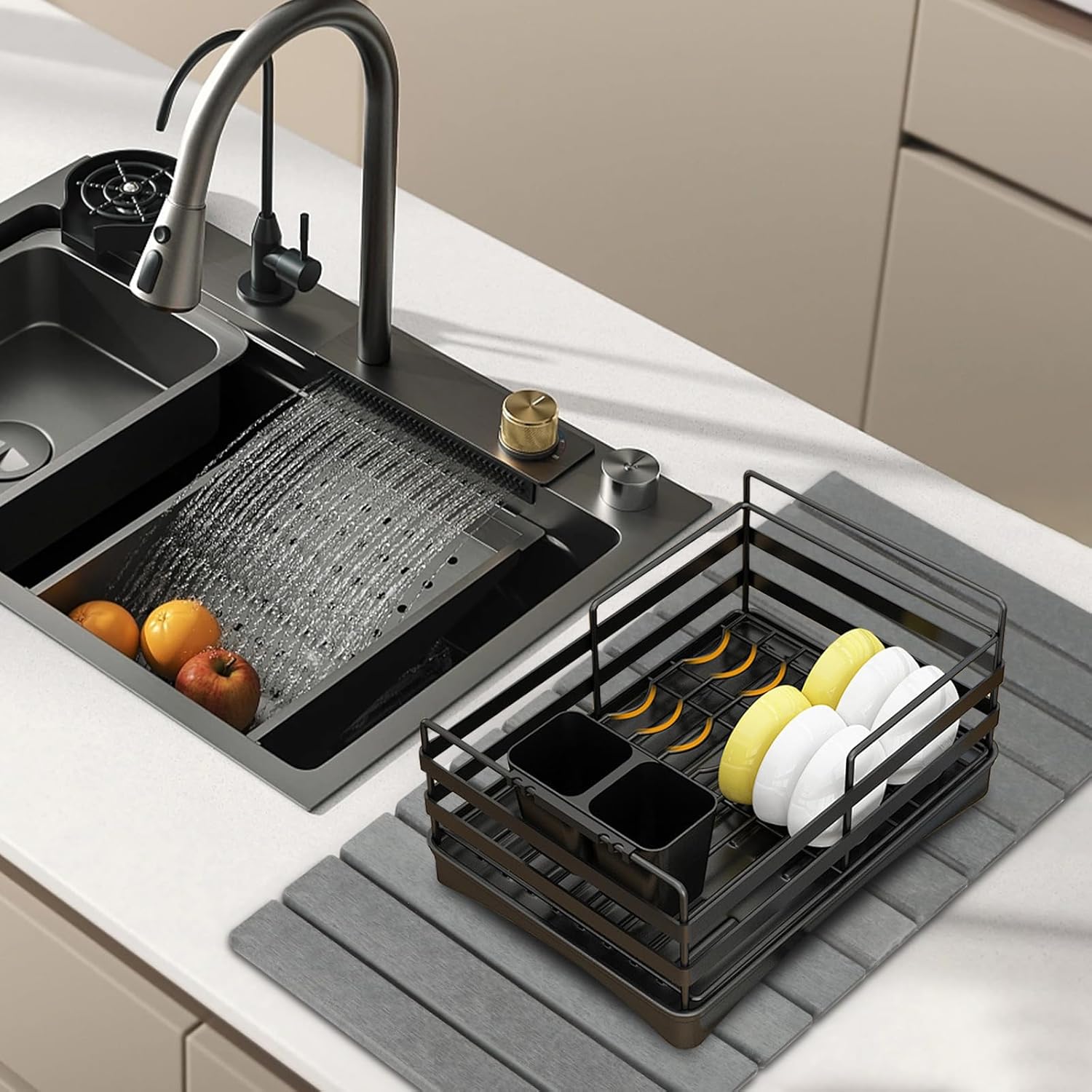 Extra Large Stone Dish Drying Mat for Kitchen Counter, 28"×16" Eco-friendly,Instant Drying Pad,Diatomaceous Earth Water Absorbing Mat, Foldable and Super Absorbent Dish Drying Stone Mat, Dark Gray