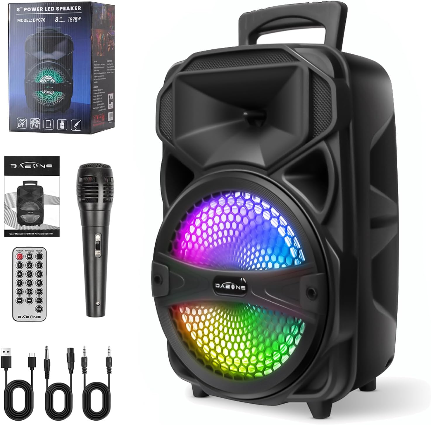Portable Wireless Bluetooth Speakers, PA Loud Speaker Systems with Subwoofer, Bass, 8 Inch Speaker Karaoke Machine with Wired Microphone, Remote, FM Radio, EQ Mode, Flashing Light (8'' Woofer)