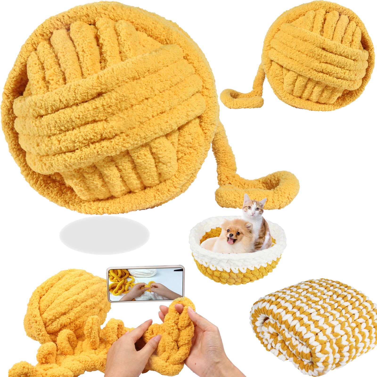 Chenille Chunky Yarn Super Bulky - 7 Jumbo Skeins, 27m Each, Soft Fluffy Yarn For Arm Knit Blankets, DIY Crafts, With Video Tutorials