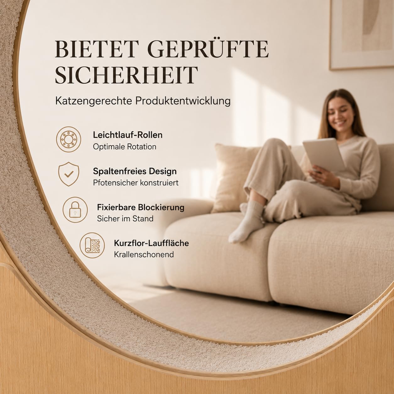 Katzenlaufrad Baghira Groß XXL | 132 cm Durchmesser für alle Katzen | Inklusive Anti-Vibrationsmatte | Kurzfloriger Teppich in 2 Farben zur Auswahl (Schwarz mit grauem Teppich)