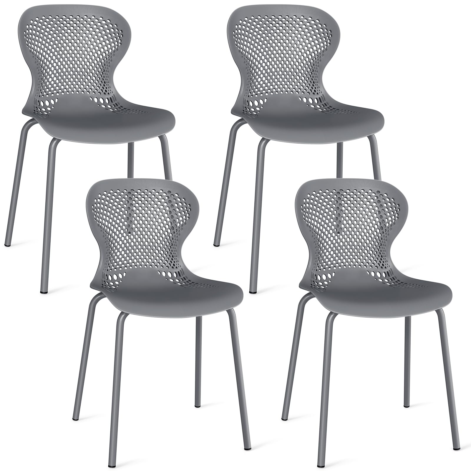 JIJIAN Set di 4 Sedie Sala da Pranzo Impilabili, Sedia da Cucina con Gambe in Metallo, Sedie da Giardino in Plastica, per Sala da Pranzo, Soggiorno, Giardino, Balcone e Terrazza, Grigio