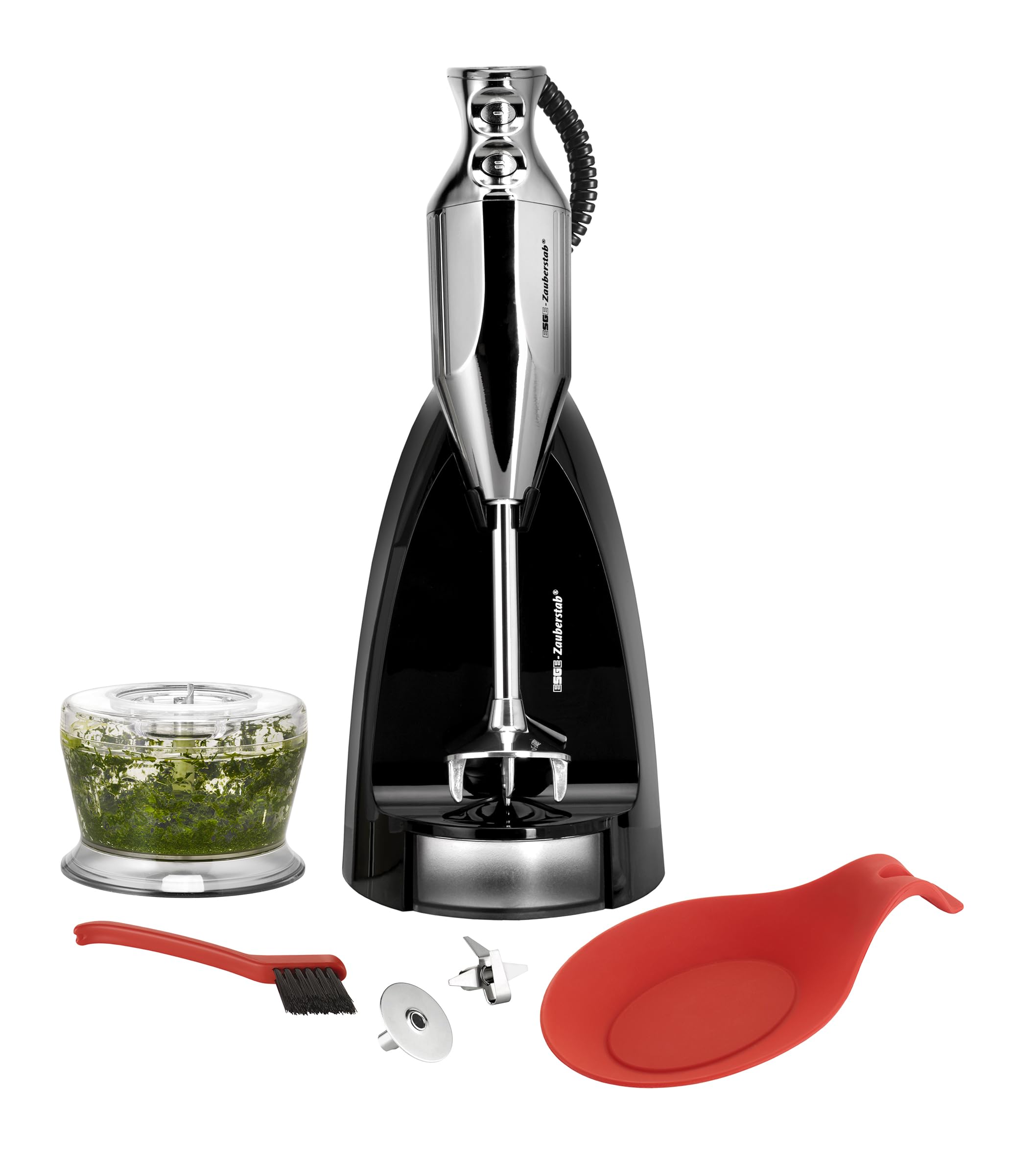ESGE Zauberstab M 200 chrom 90580, blender ręczny, mikser ręczny, profesjonalny, akcesoria, do 17 000 obr./min, 200 W, ergonomiczny uchwyt, przełącznik podwójny, centrowanie nasadowe, silnik AC, kabel