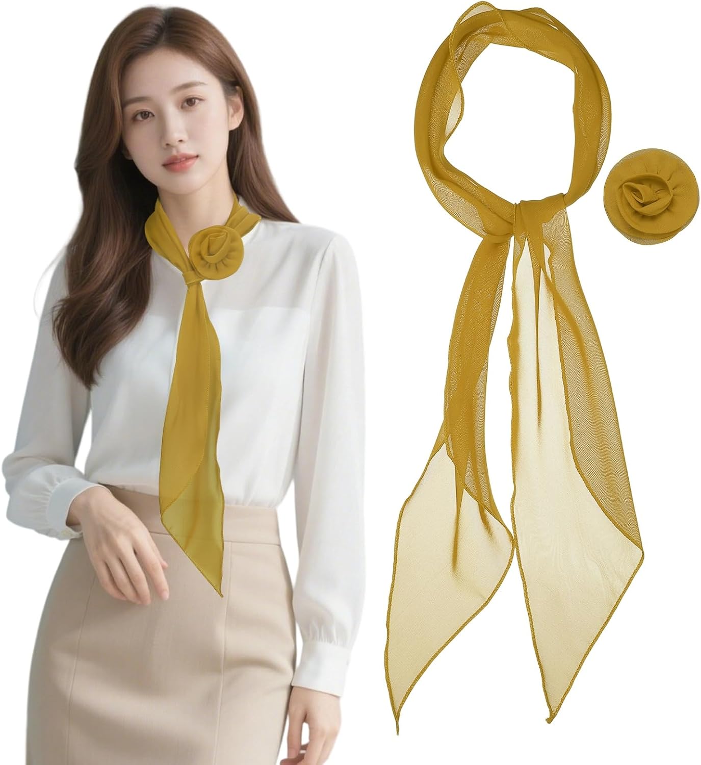 Chiffon Scarf for Women, Long Skinny Chiffon Neckerchief with Detachable Rose Flower Light Soft for Hair Ribbon
