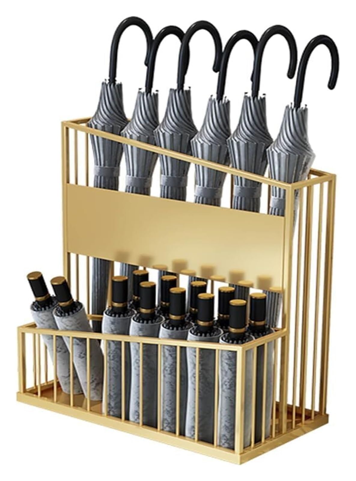 HYLYGFH Metal Umbrella Stand with 2 Shelves Large Capacity Umbrellafor Hotel and Office Entryway Stylish Gold Design 60cm Reception Furniture