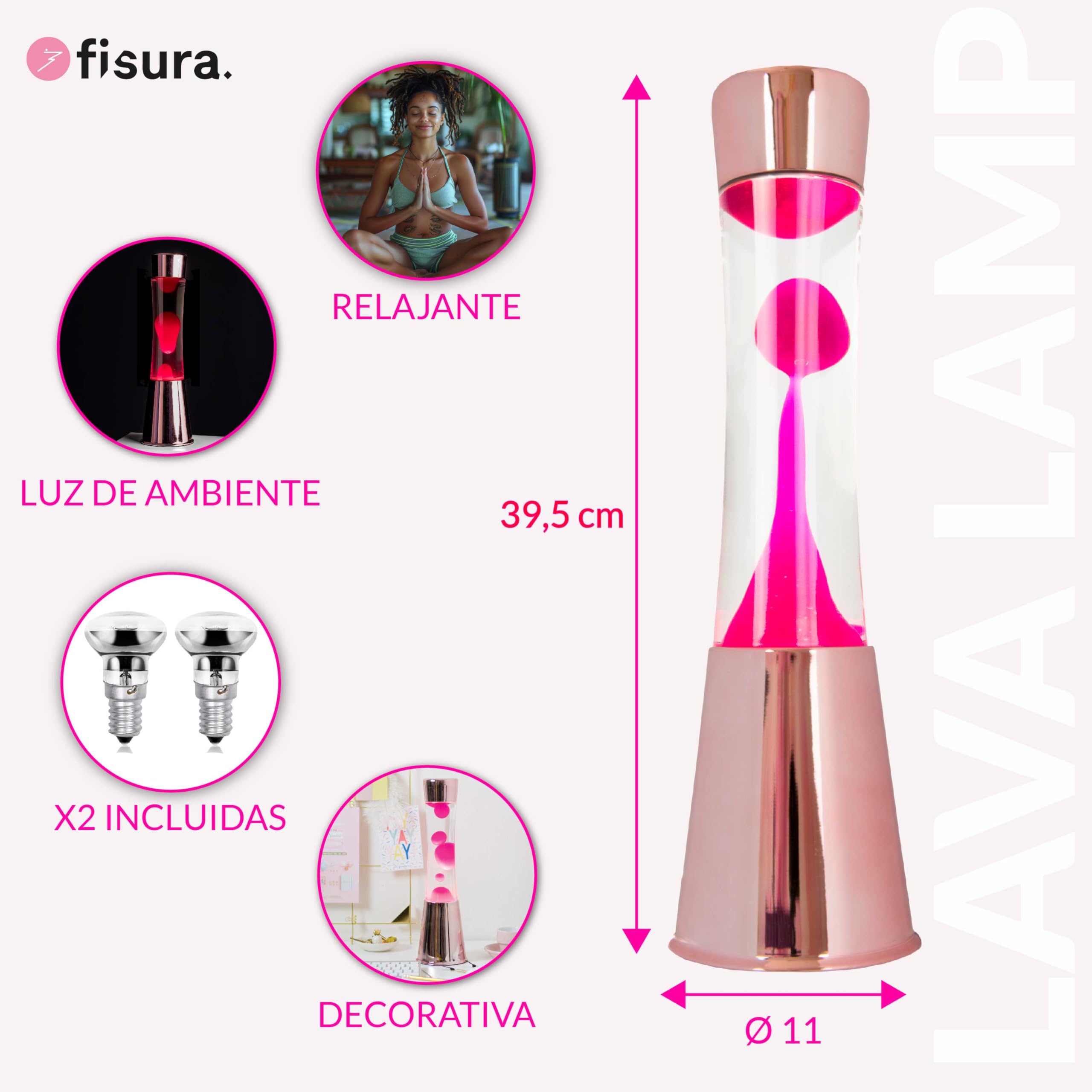 Fisura - Lámpara de lava rosa. Base cromada oro rosa, líquido transparente y lava. Lámpara efecto relajante. Con bombilla de repuesto. 11 cm x 11cm x 39,5 cm