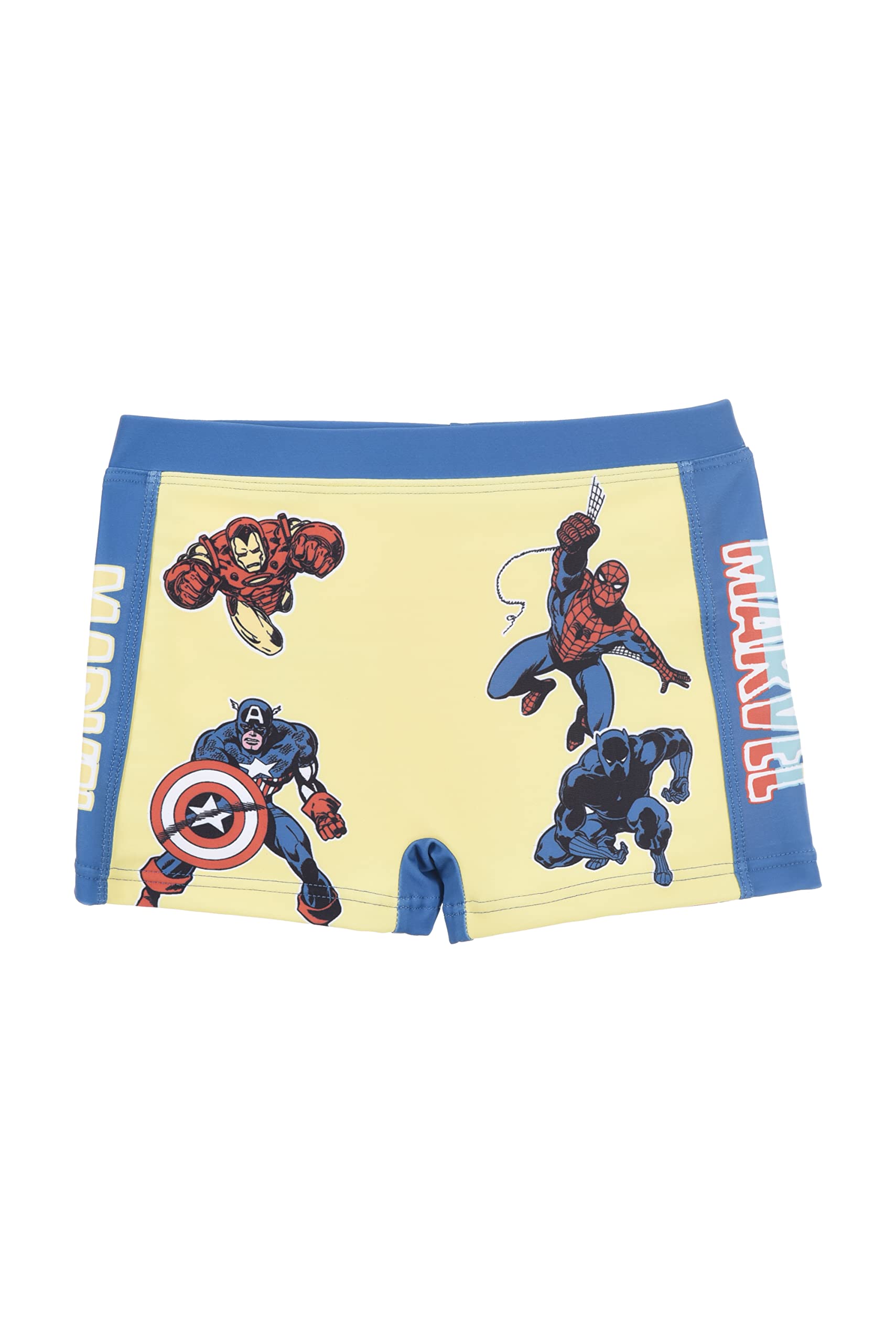 Marvel Avengers Bañador Niño, Bañador Natación Infantil, Shorts de Baño Capitan America Pantera Negra Iron Man y Spiderman, Secado Rápido, Talla 4 Años, Amarillo