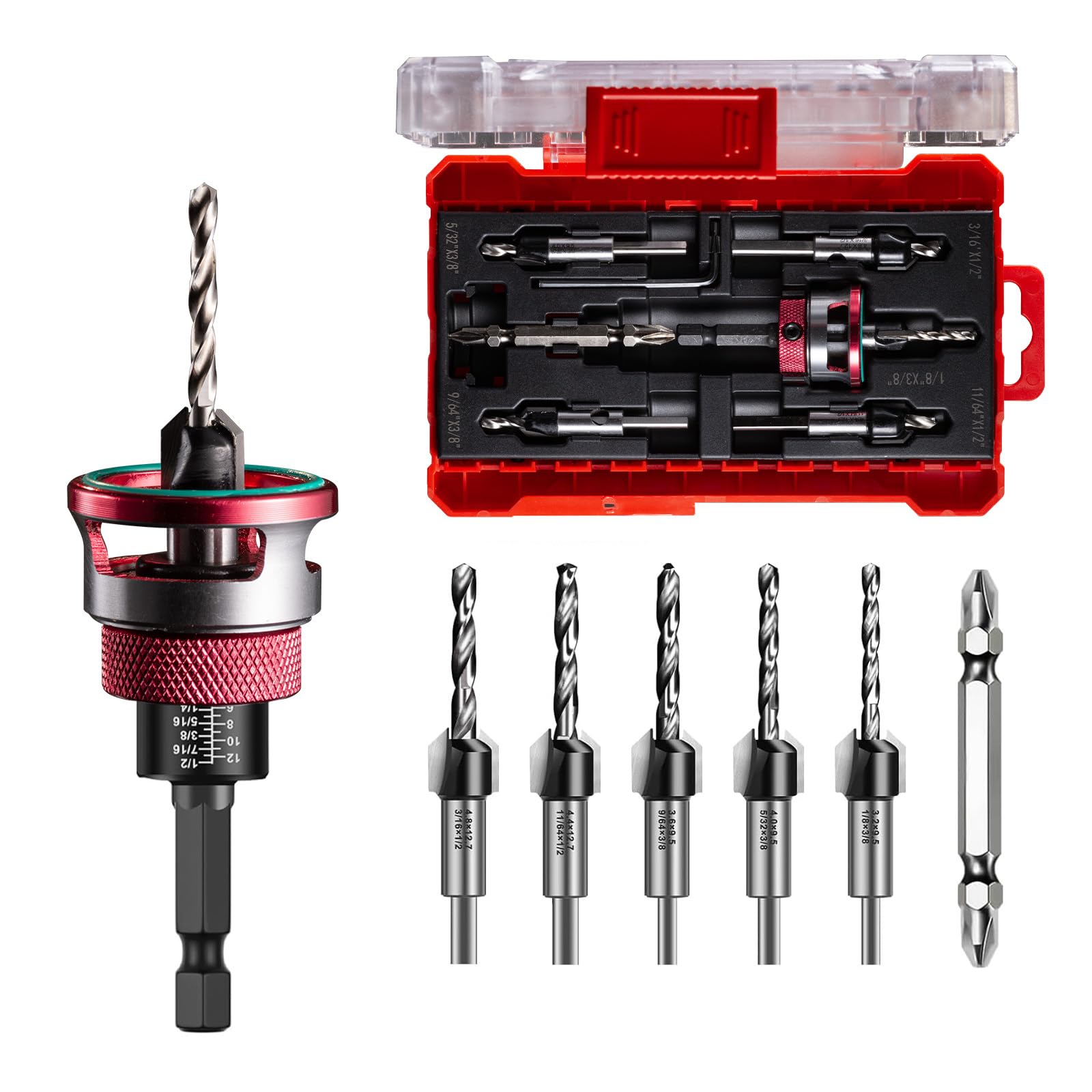 Juego de 5 Avellanadores con Top de Cojinete y Portabrocas Hexagonal 1/4" | Brocas HSS M2 para Taladros de Precisión, Para Madera, Aglomerado, DM, Incluye Llave y Maletín