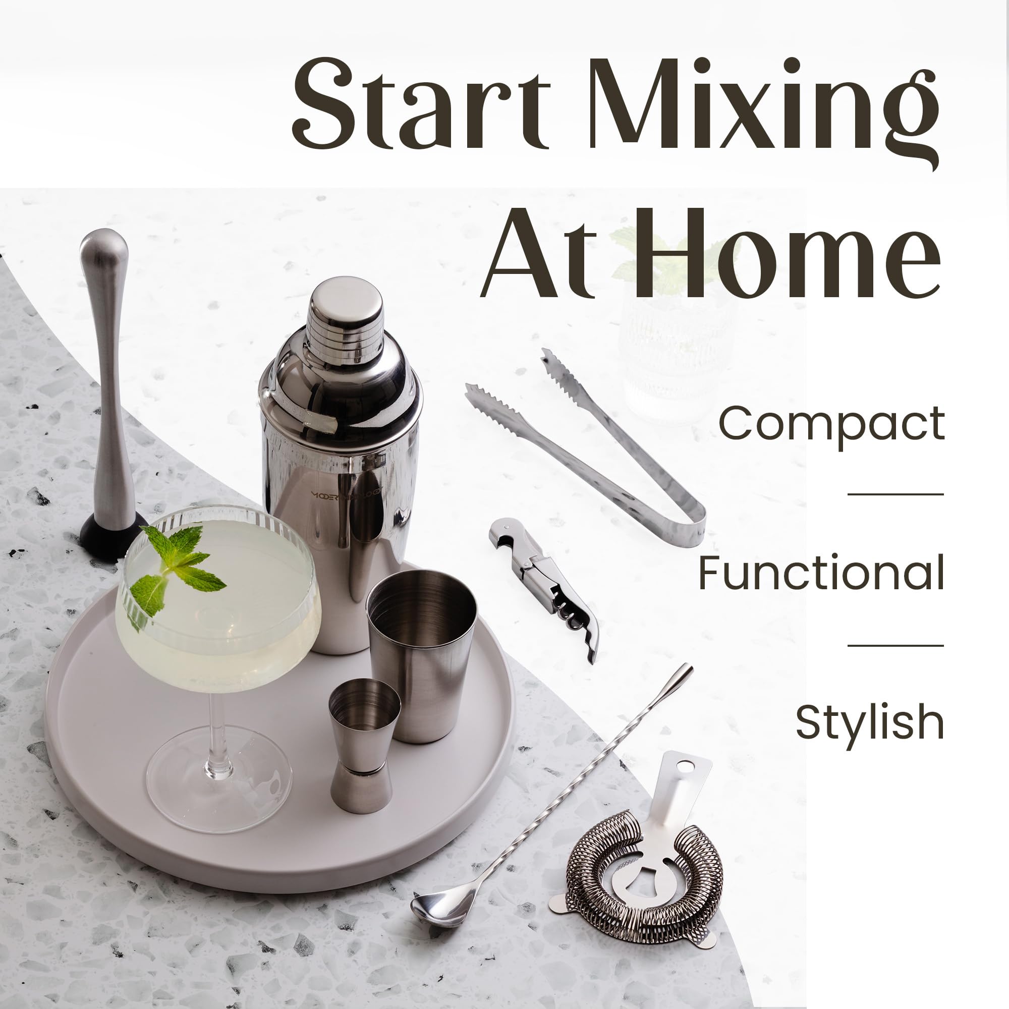 Modern Mixology Juego de coctelera – Juego de 24 piezas de acero inoxidable para barman y soporte para bar en casa, perfecto para mezclar bebidas en casa, además de libro de recetas de cócteles