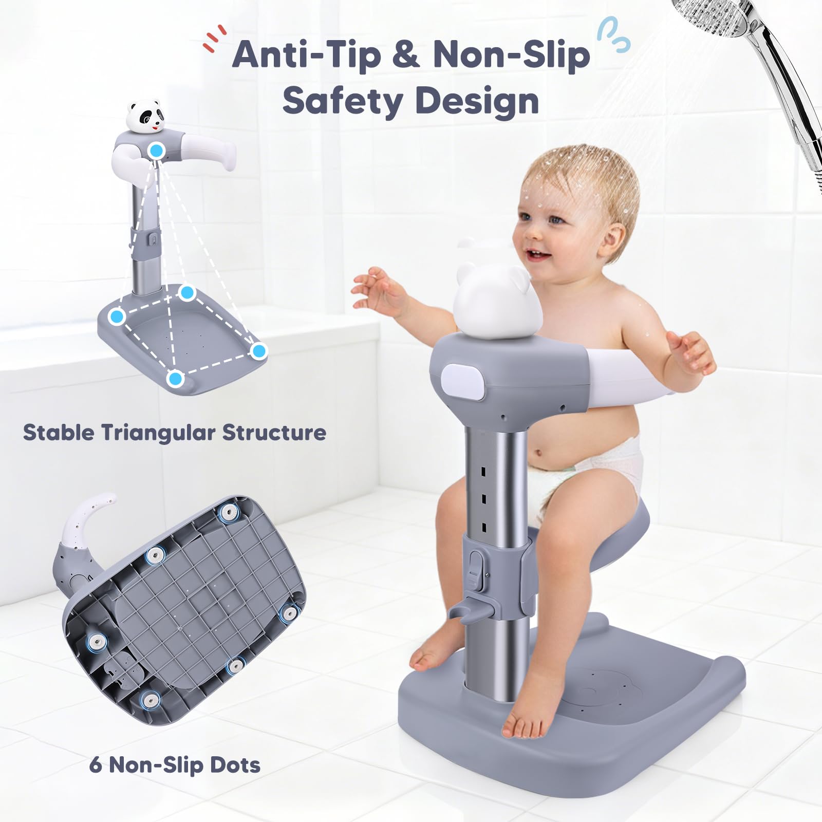 Vasca da bagno per bambini con supporto doccia, anti-schiacciamento, antiscivolo, torre doccia regolabile per bambini in piedi, supporto doccia ideale per neonati