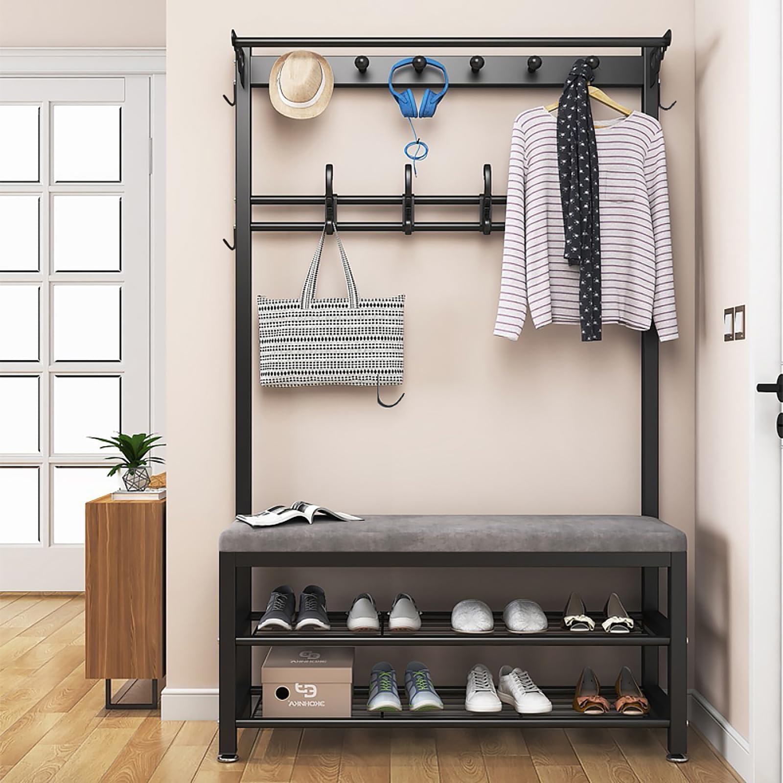WPPTNSFY Metal Perchero con Zapatero Banco Esponja de Alta Resiliencia, Multifunción Perchero para Zapatos con Ganchos Capa, para Ropa, Sombreros, Bufandas, Bolsos, Paraguas L:80/100CM