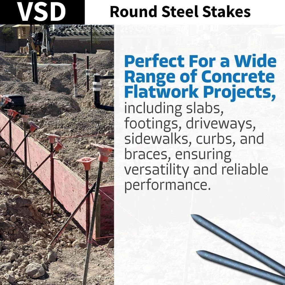 Solid Steel Concrete Form Stakes, 3/4 Inch Diameter x 24 Inch Length, Round Forming Pins with Holes for Screws or Nails, 10 Pack