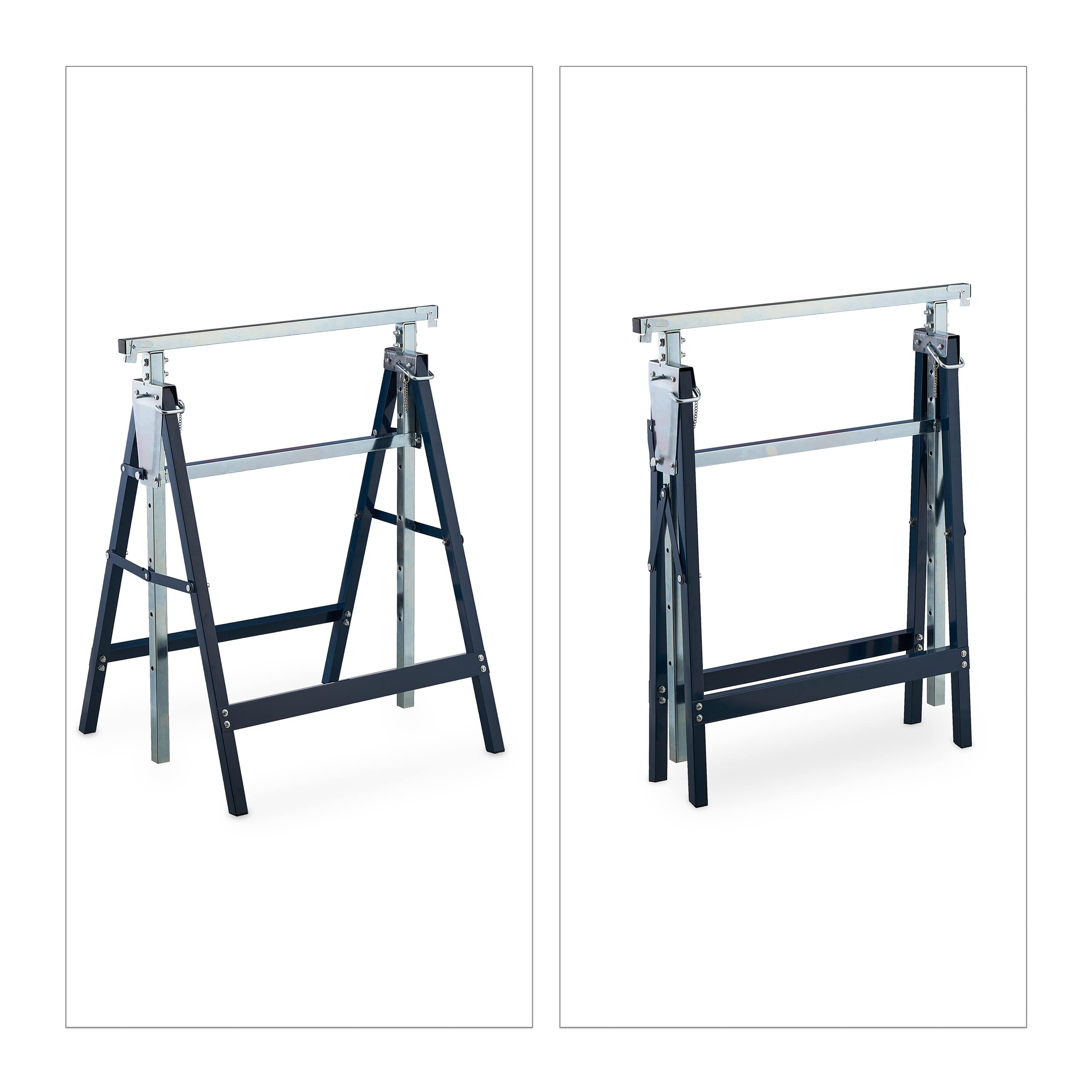 Relaxdays Andamio Caballete, Set de 2, Altura Ajustable, Carga hasta 200 kg, Plegable, Taller, Acero, Azul y Plateado