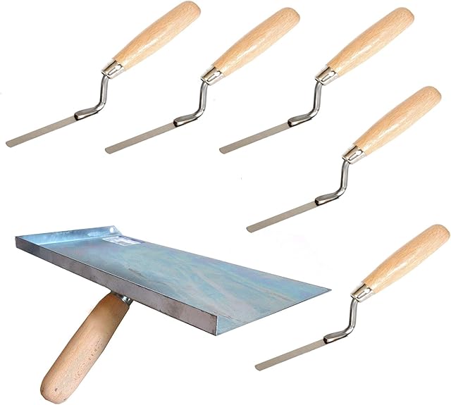 Proper Tools Jointing Set with Finger Trowels and Mortal Handle - 6PCS - Wooden Handle - for Pointing, Bricklaying, Jointing, DIY