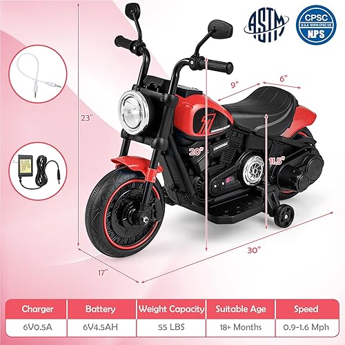 Miniatura 7 de HONEY JOY Motocicleta de paseo de 6 V con luz LED, música, pedal de pie, adelanteatrás, arranque suave, motocicleta eléctrica de 3 ruedas para