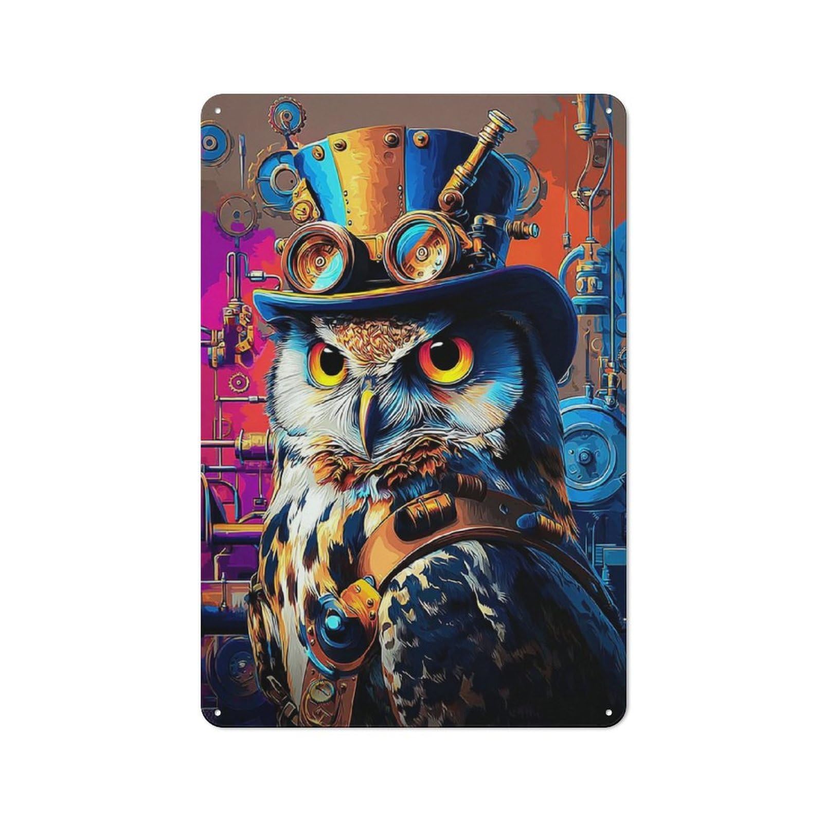 Junmoney Steampunk Owl Artwork-1 Metal Wall Sign 30X20cm Featuring For Hallway Wall, For Kitchen, Dining Room And Home Bar Wall Decor