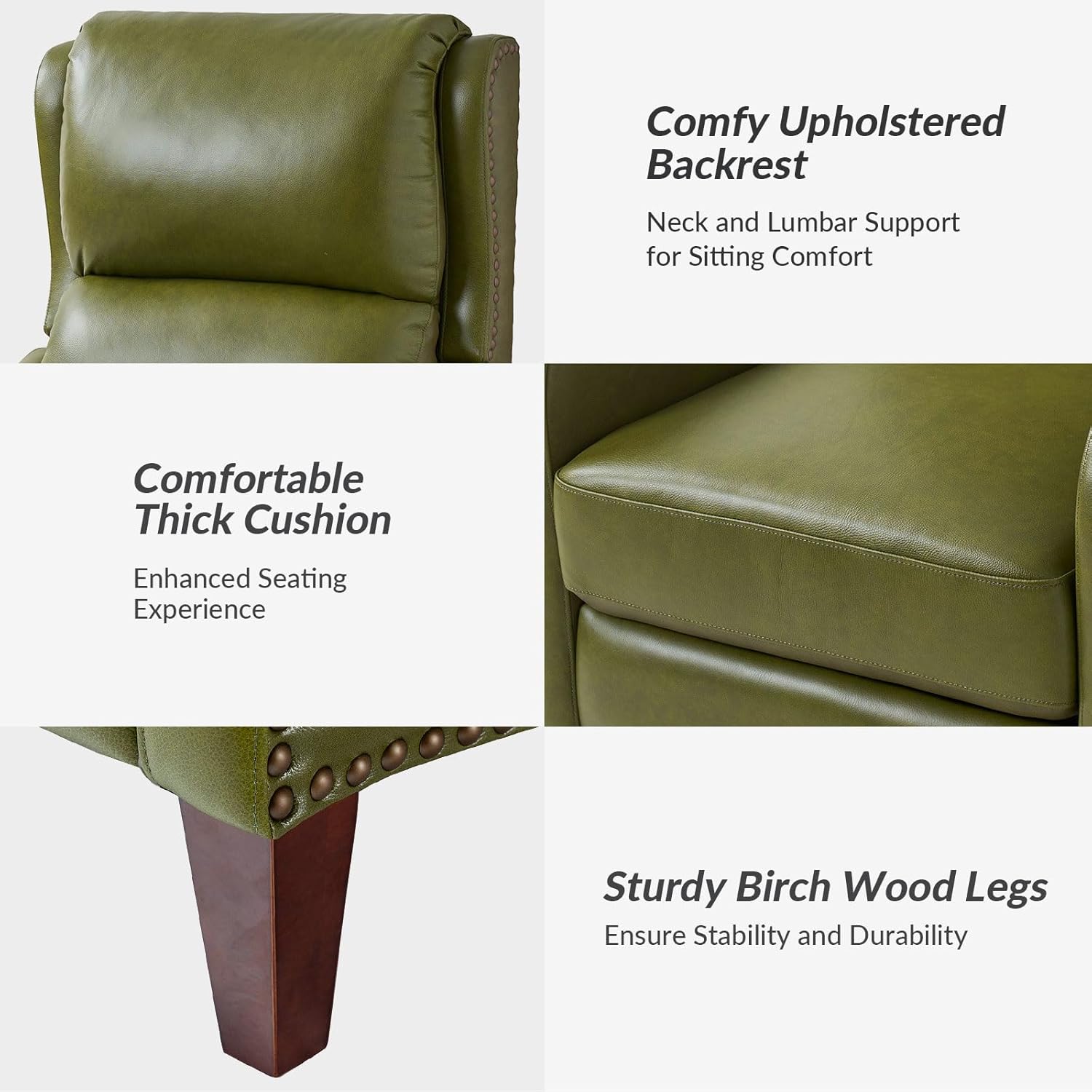 HULALA HOME Genuine Leather Recliner Chair, Modern Push Back Recliner Armchair with Thick Seat, Backrest & Footrest, Nailhead Decor for Living Room, Bedroom, Olive