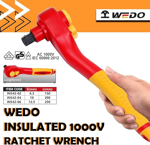 Miniatura 2 de WEDO Llave de trinquete aislada, unidad de 12 pulgada, 10 pulgadas de longitud, llave de seguridad para electricistas, manijas antideslizantes VDE