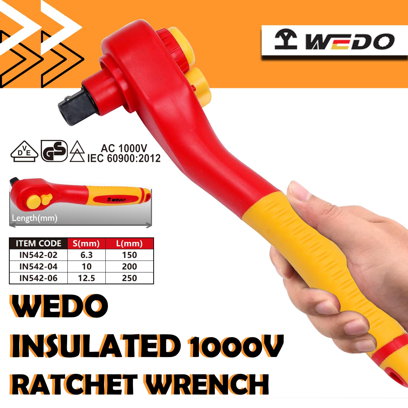 WEDO Insulated Ratchet Wrench, 3/8" Drive, 8" Length,Electricians Safety Wrench, VDE 1000V Anti-Slip Handles - Image 2