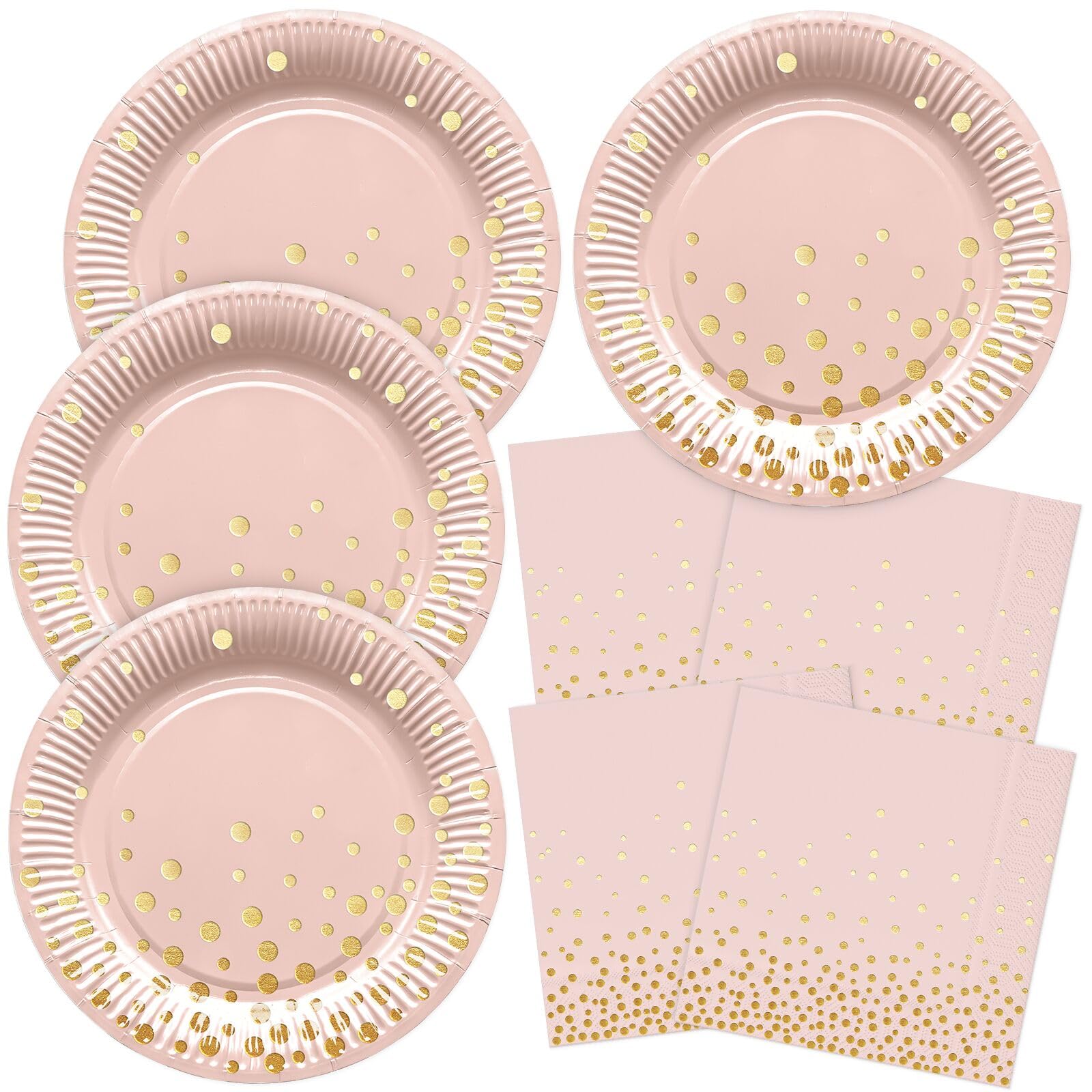 HNH Party Paper Plates and Napkins Set Pink with Gold foil Dots 40 Pieces Dinnerware Disposable