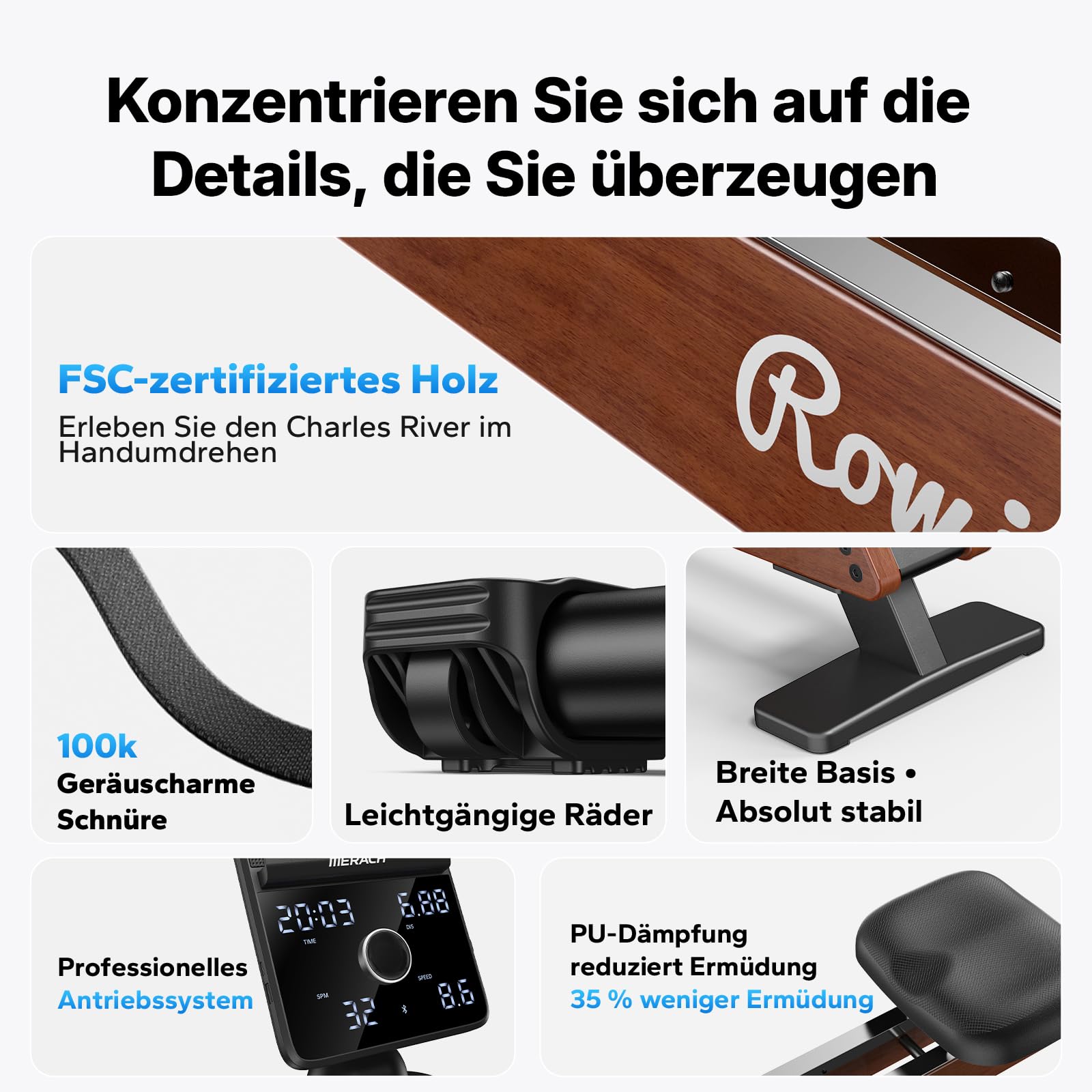 MERACH Rudergerät für Zuhause, Eigenerzeugung, Verbesserter Magnetischer Spitzenwiderstand von 60 kg, Automatische Widerstandsanpassung, LED-Anzeige/ 21,5-Zoll-HD-Bildschirm (R7)