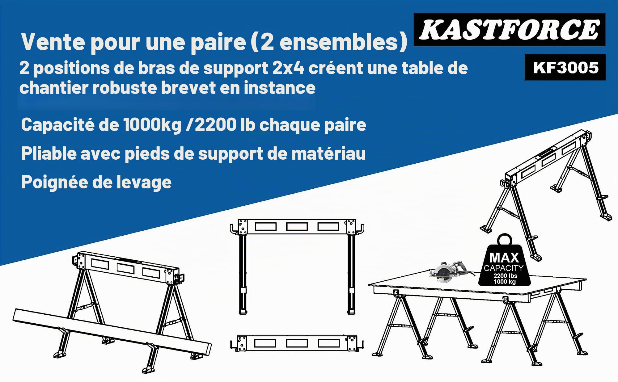KF3005 Chevalet de sciage pliable avec pieds pliables Capacité 1000 kg