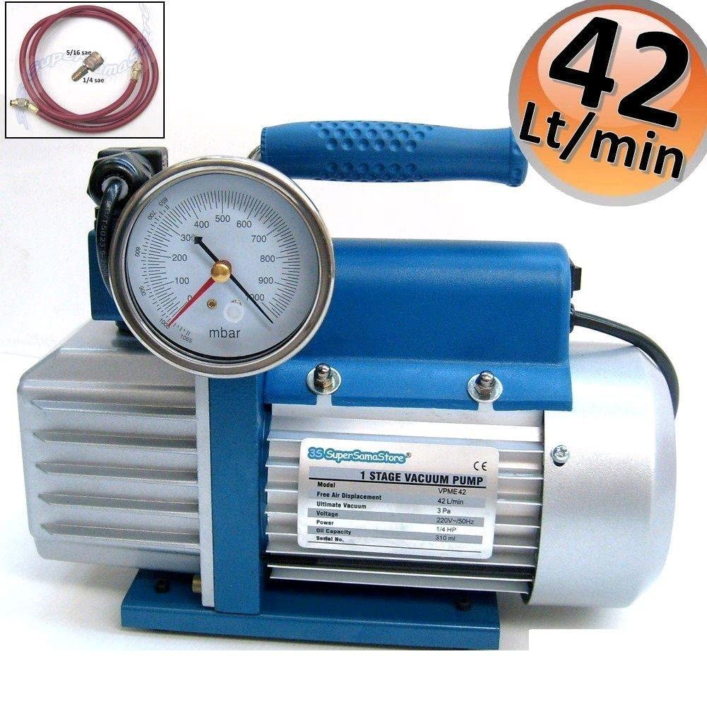 3S SuperSamaStore Pompa per Vuoto Monostadio 42 Lt/min KT.PVME42, Kit con Vacuometro, Elettrovalvola, Olio, Frusta 1/4" Sae da 150 cm e Raccordo 1/4" x 5/16" Sae