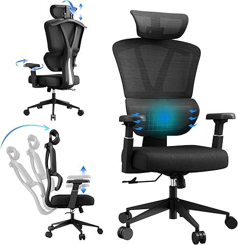 Silla de oficina ergonómica de malla con respaldo alto para computadora con soporte lumbar, reposacabezas ajustable, reposabrazos 3D, bloqueo de