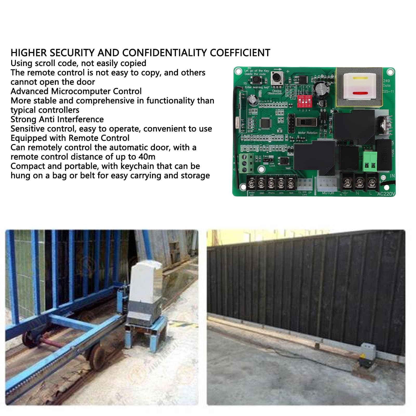 Carte de Commande D'ouvre-Porte Coulissante, Kit de Circuit imprimé de Contrôleur de Porte électrique à Code Roulant 433,92 MHz avec 2 Télécommandes pour une Utilisation en Usine (220V)