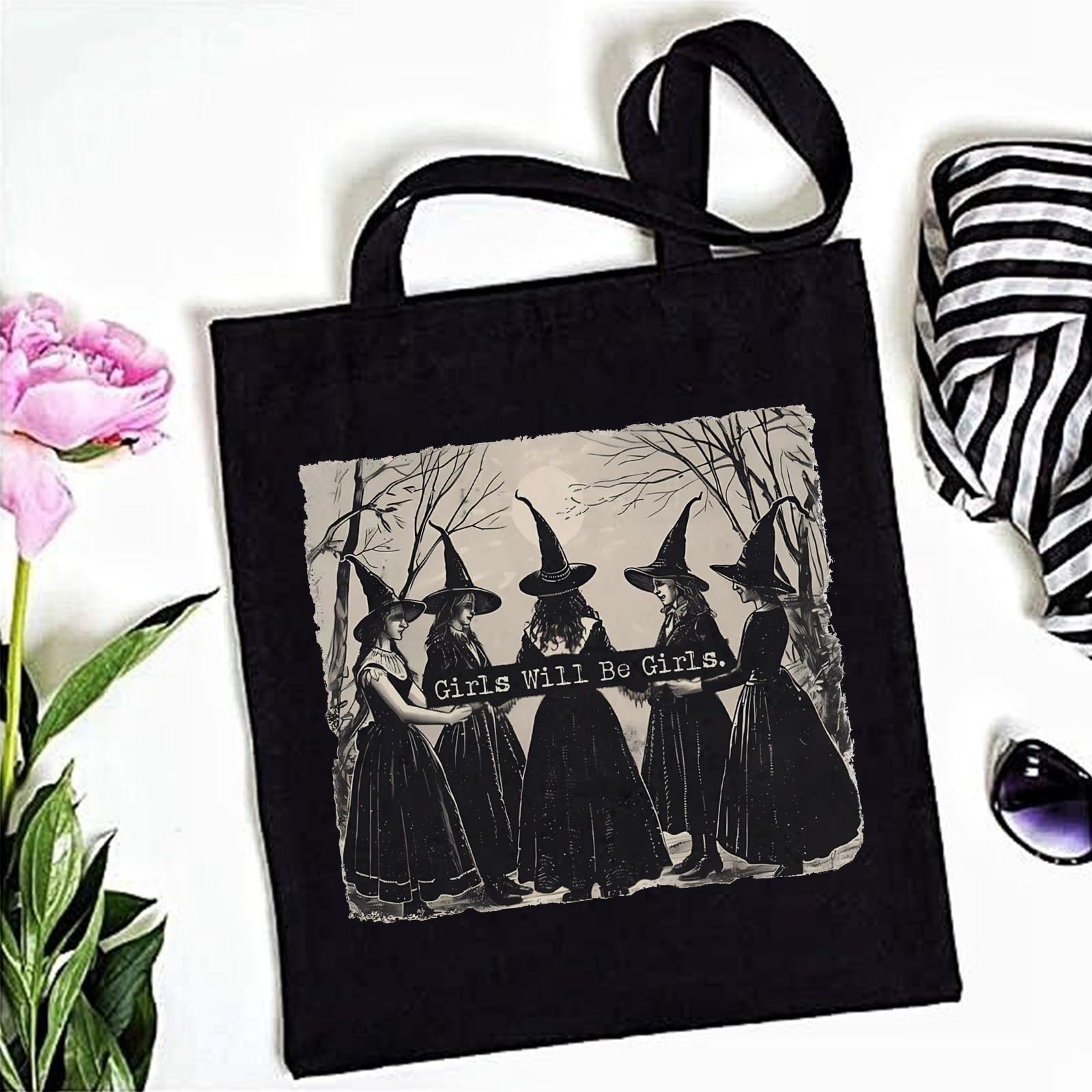 Kimoli Aesthetic Witchy Canvas Tote Bag for Women Funny Witchy Gifts for Women Cute Girls Will Be Girls Canvas Bag Spooky Reusable Beach Shoulder Grocery Casual Bag for Work Travel, Black