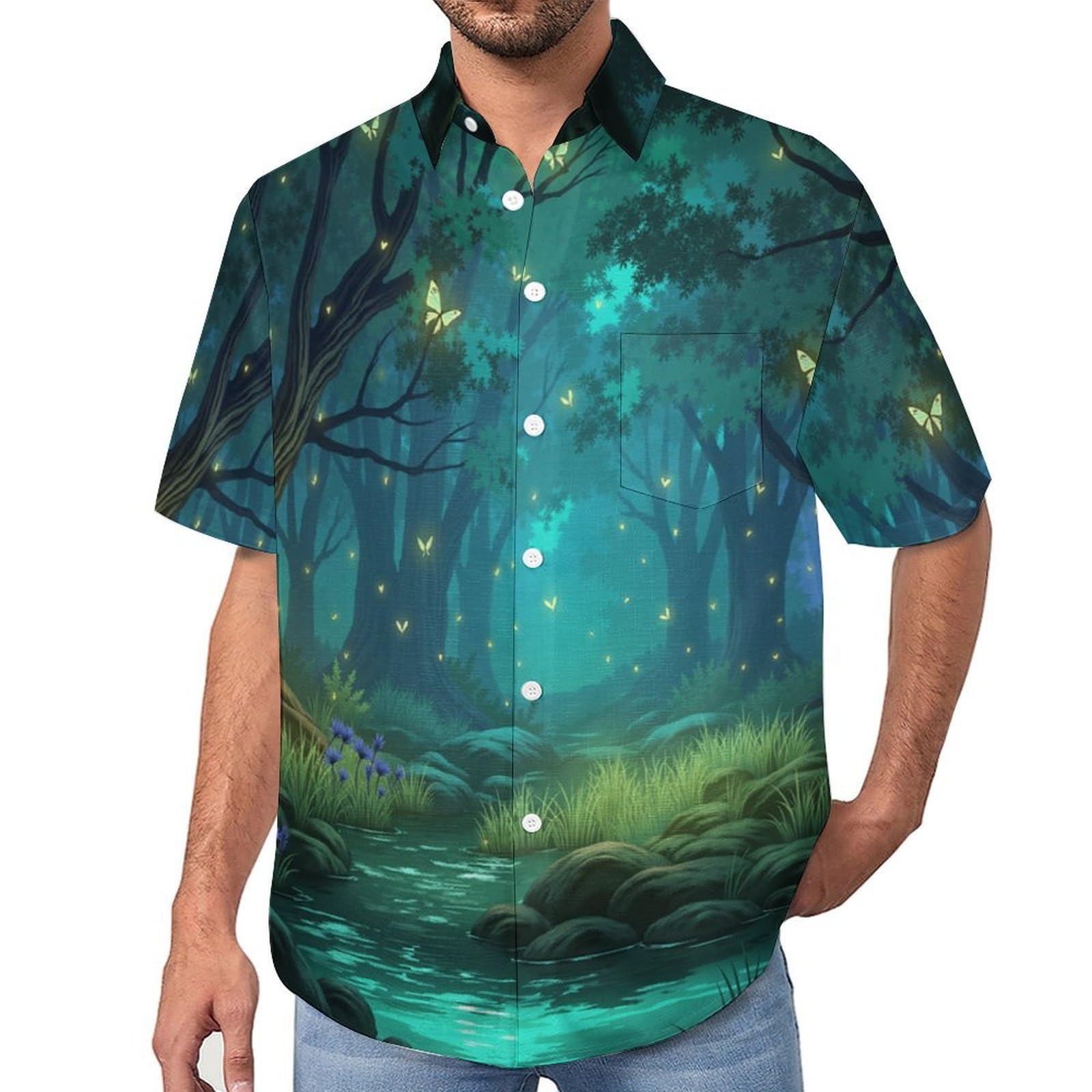 Camicie da Uomo a Maniche Corte con Stampa della Lucciole della Foresta Magia, Casual Leggere Bottoni Camicia con Tasca Frontale, per Vacanze Spiaggia Estate