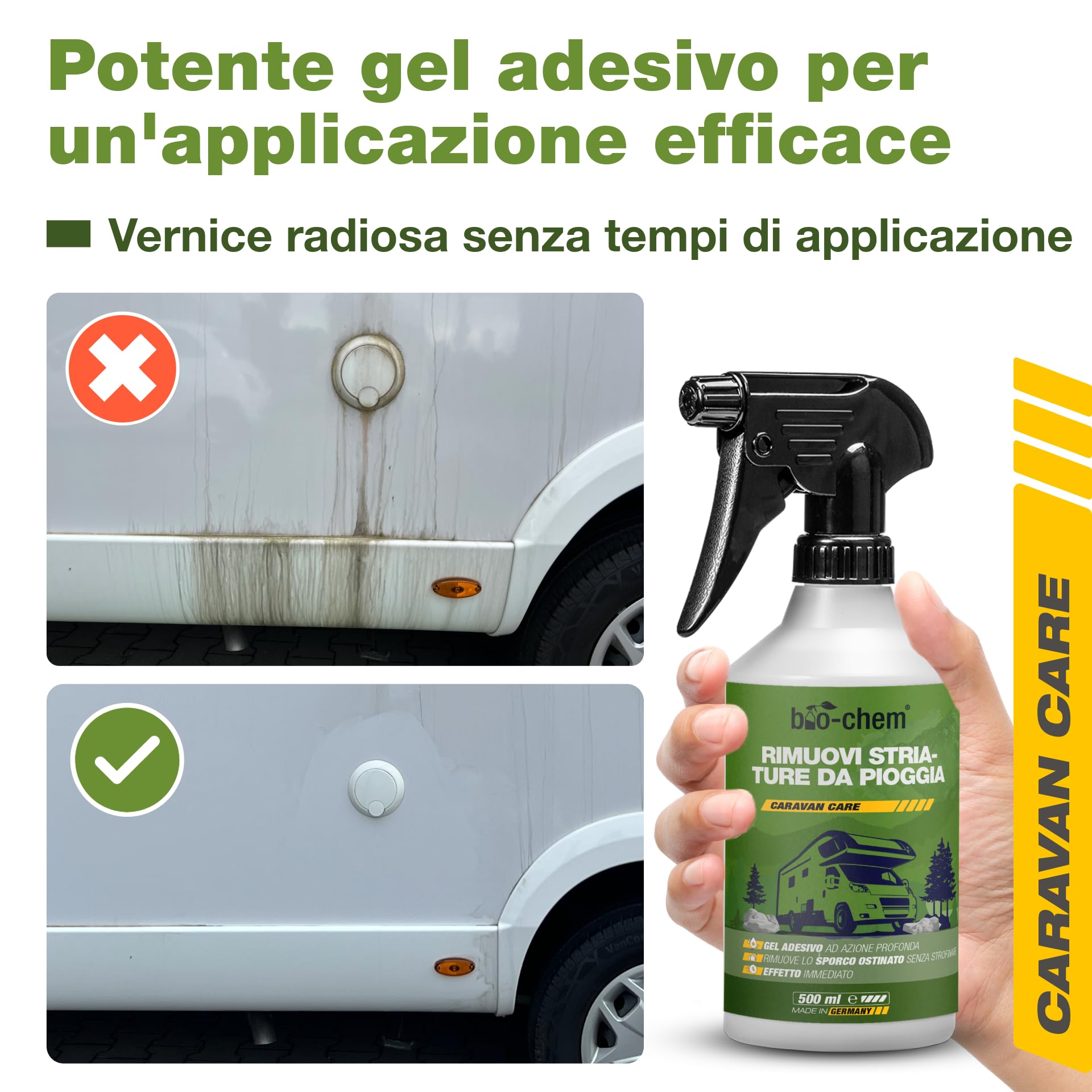 bio-chem - Rimuovi Macchie di Pioggia per Parabrezza e finestrini di Camper, Caravan e Auto 0,5L + Guanto di Lavaggio in Microfibra- Prodotto per vetri Ideale per Le vostre Vacanze in Camper