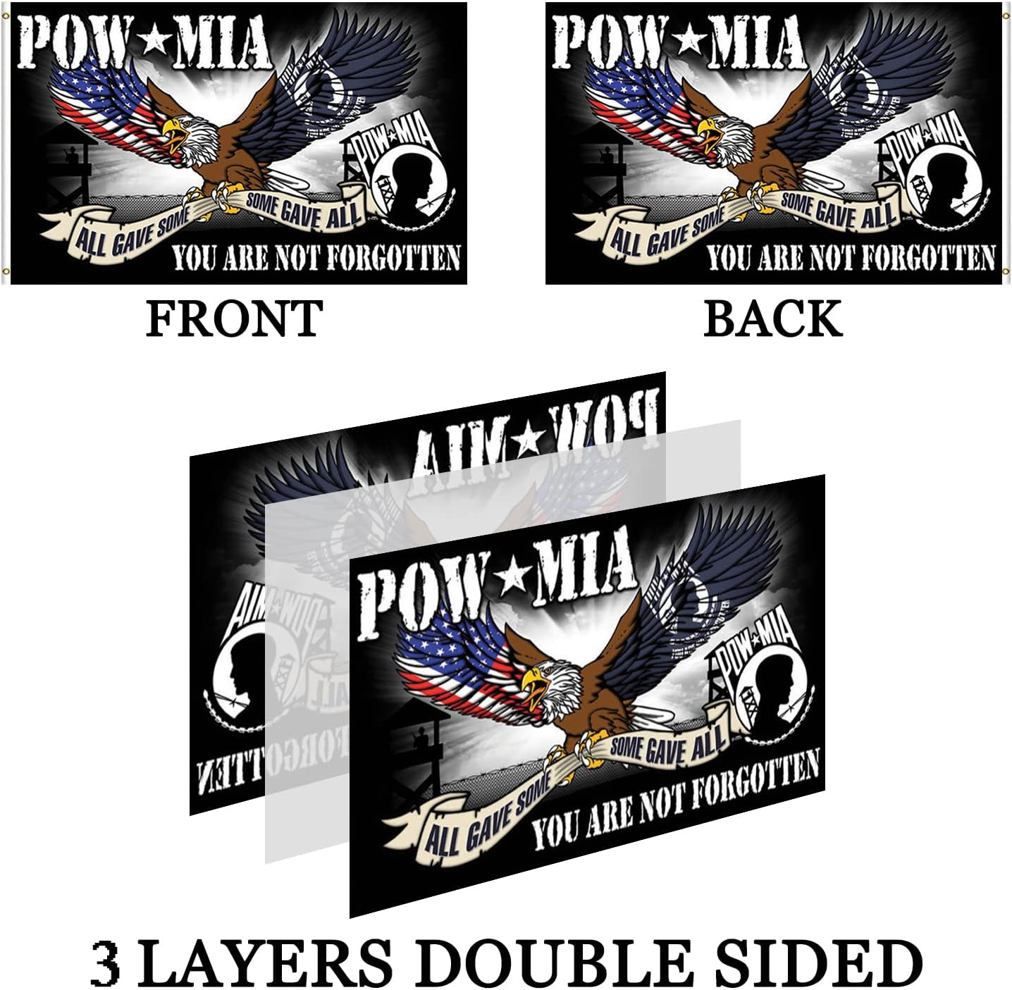 Pow Mia Eagles Flag 3x5 Outdoor Double Sided- You Are Not Forgotten- All Gave Some Some Gave All- 3Ply 240D 4 Rows Stitched 2 Brass Grommets