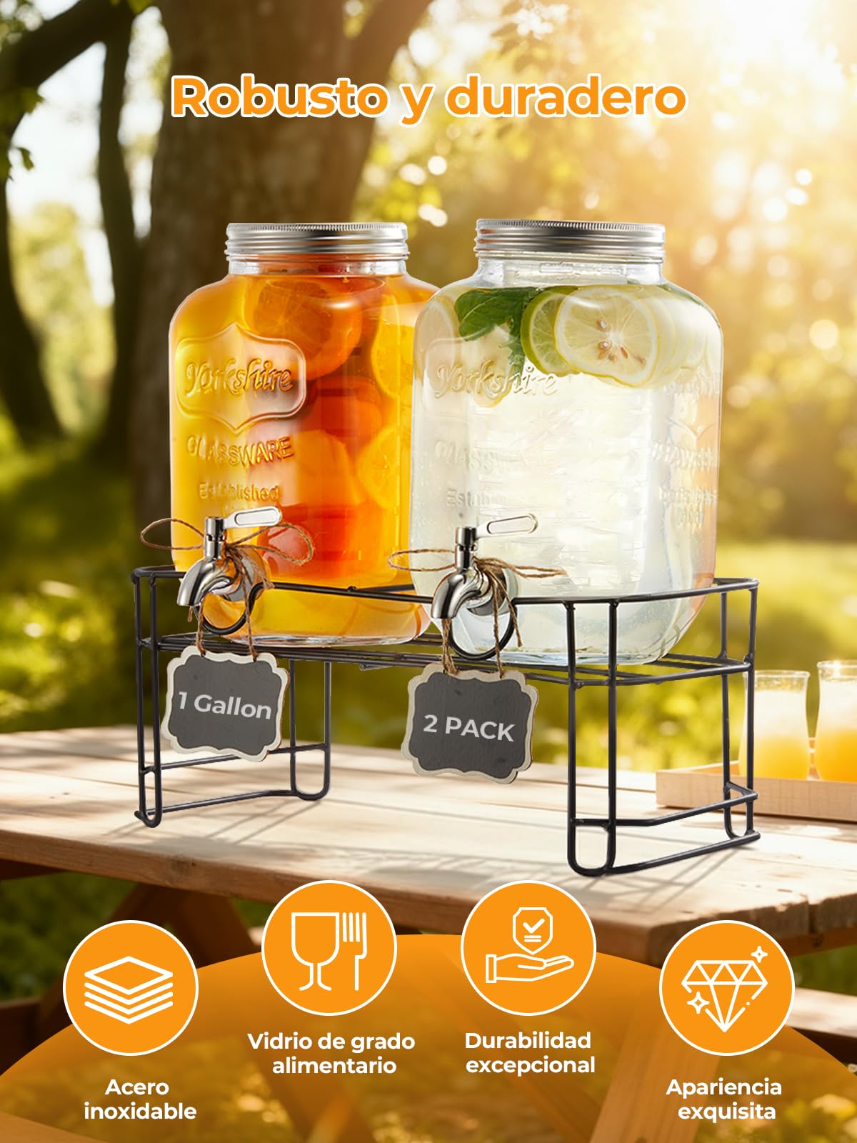 Dispensador de bebidas de vidrio con grifo, paquete de 2 dispensadores de bebidas de vidrio con soporte, espiga de acero inoxidable a prueba de fugas, cilindro de hielo, para Navidad, barbacoa, picnic