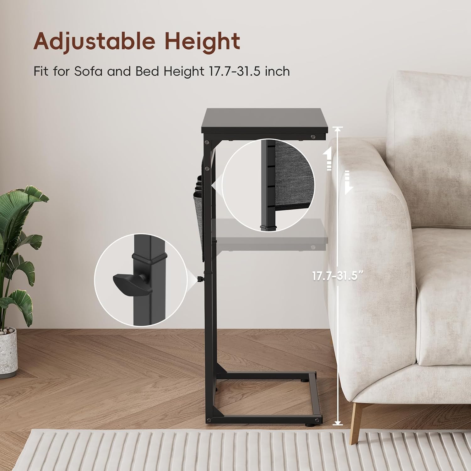 Vagusicc C Shaped End Table, Set of 2 Tall Side Table for Couch, Adjustable Height Small Couch Side Table for Small Spaces, End Table Slide Under Sofa Table TV Tray Arm Table for Living Room, Black