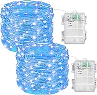 Vista 8 de Guirnalda de luces de hadas con temporizador de 33 pies, 2 unidades, 100 luces LED, funciona con pilas, para exteriores, impermeable, para bodas