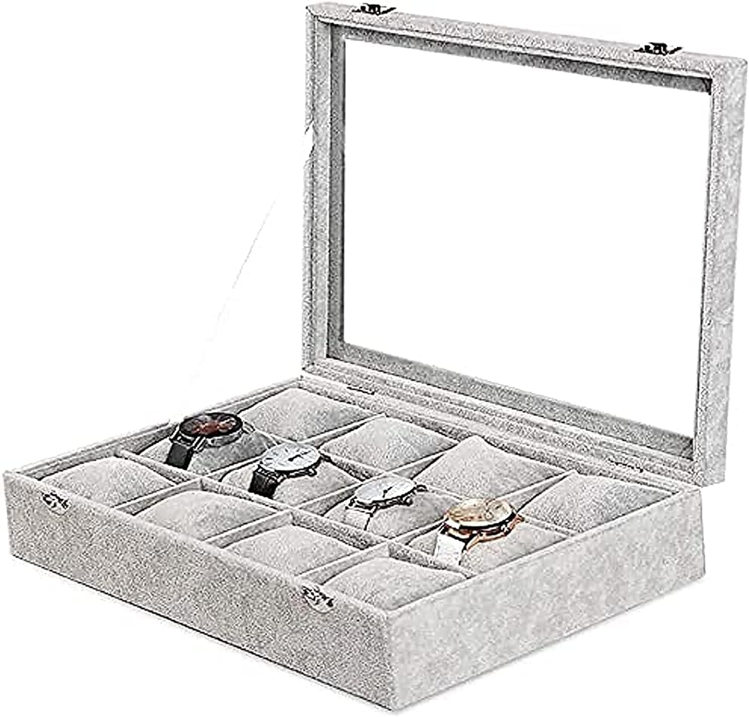 Padom Grey Velvet Watches Organizer 12 Grid Watch Holder Jewelry Storage Box Display Case for Men and Women