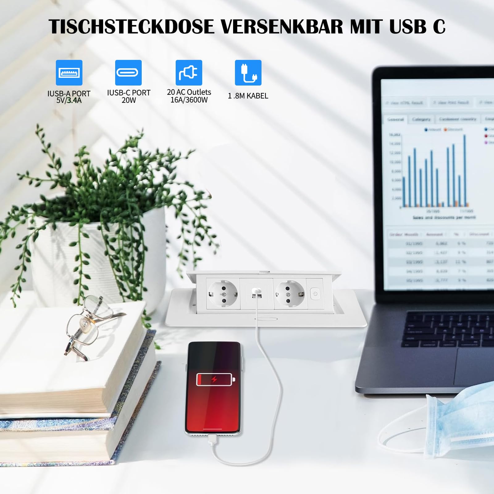 Presa retraibile PD20W USB-C con ricarica rapida, presa da tavolo, presa a muro con interruttore per piano di lavoro della cucina, scrivania, Bianca