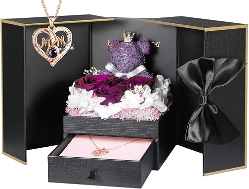 Miniatura 156 de ADDWel Rose Gifts for Women - Preserved Real Roses Forever Purple Flowers with I Love You in 100 Languages Necklace and Cute Moss Bear for