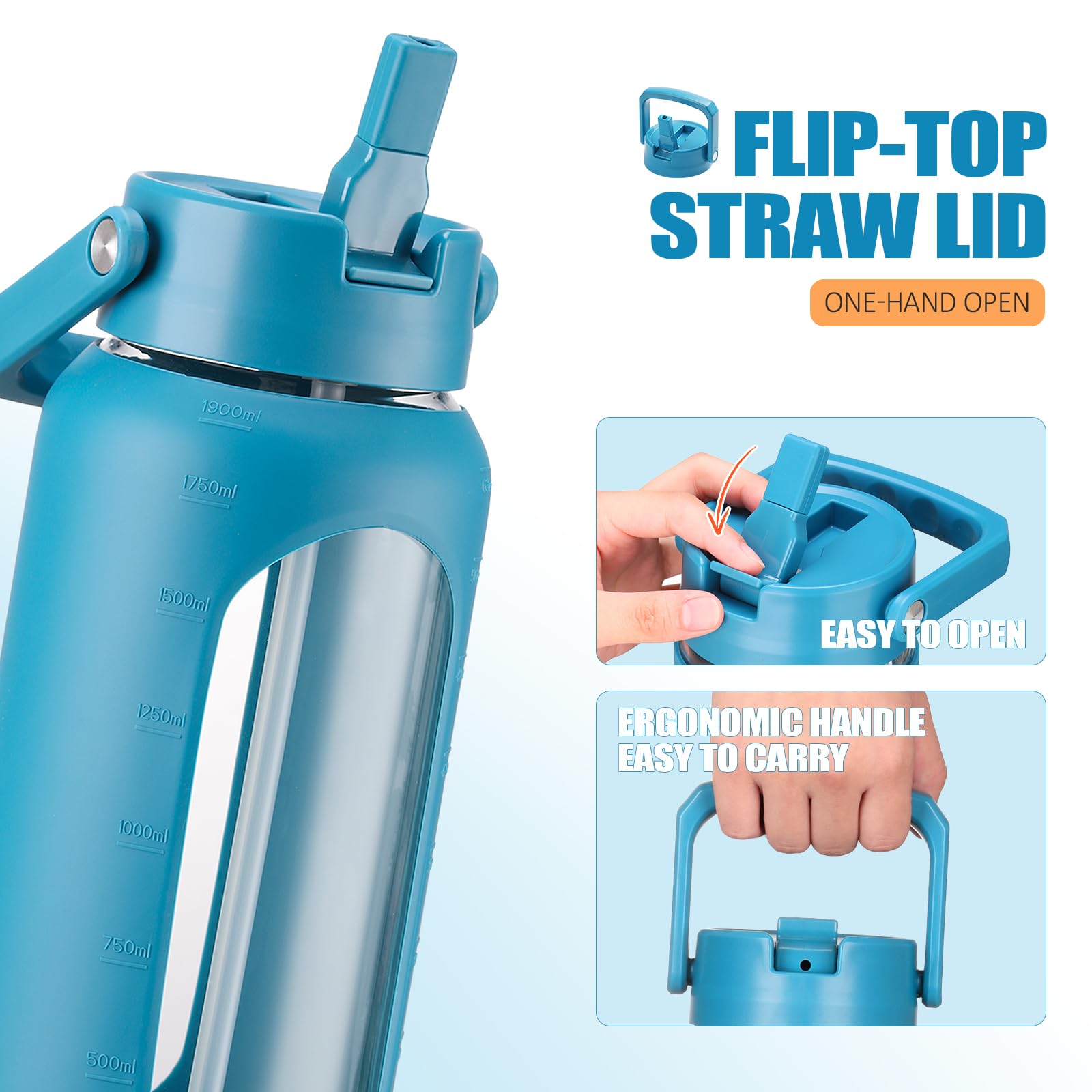BLUEGO Glazen waterflessen van 66 oz met rietje tijdmarkering, halve gallon, grote motiverende waterfles met siliconen huls, 2 liter, grote glazen waterkan voor sportschool, sport en training