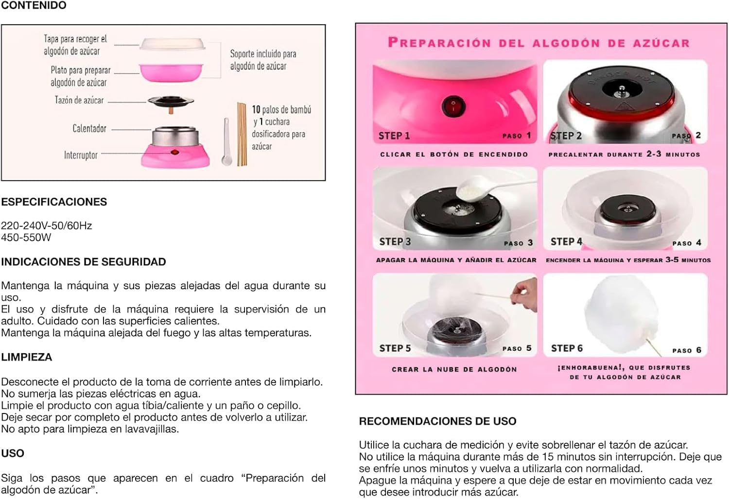 SIDRAL – Máquina para Algodón de Azúcar + 10 Palos + 10 Monodosis Azúcar y Cuchara Medidora de Azúcar, Fácil Uso para Adultos, Maquina Algodón de Azúcar (ROSA)