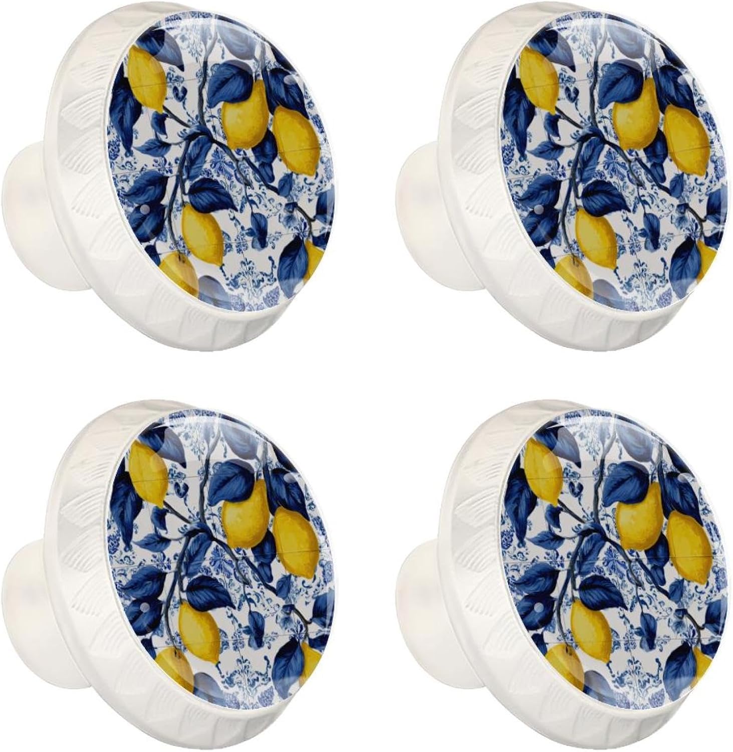 Set of 4 Yellow Lemons with Navy Blue Leaves Round Knobs for Drawers Dresser, Decorative Cabinet Knobs Pull Handles for Kitchen Nursery Bathroom Kids Room