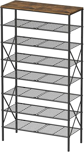 Zapatero de metal de 8 niveles para 32 pares, organizador de zapatos resistente con parte superior de madera rústica, almacenamiento de zapatos de