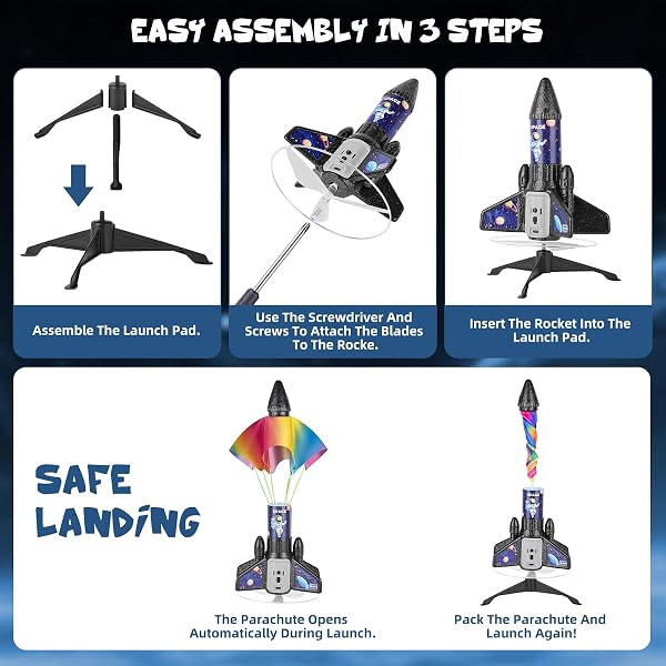 Razzo Spaziale Giocattolo, Razzi Gioco Bambino con Paracadute, Ricaricabile Auto-Lancio Esterno Regalo per Bambini 3 4 5 6 7 8 9 10 Anni (nero-1) - 4