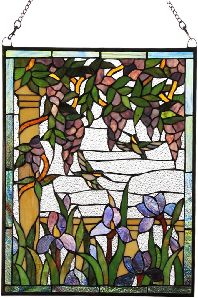 Makenier Vintage Art Nouveau Tiffany Style Stained Glass Wisteria Iris Humming Bird Window Hanging Window Panel Widnow Pane Window Wall Decor Decoration