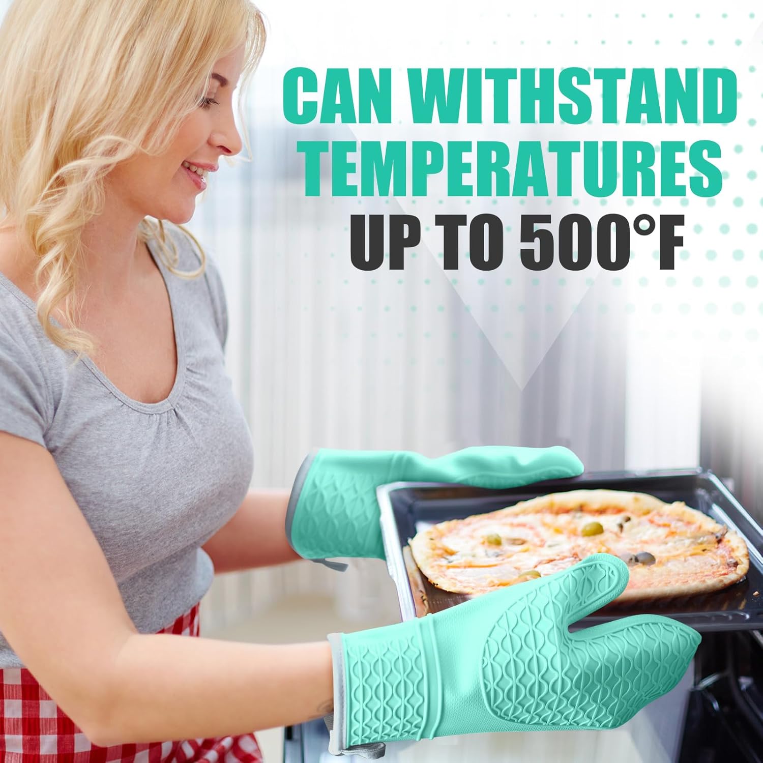 Silicone Oven Mitts, Heat Resistant 2PCS Oven Mitts with Soft Cotton Lining, Waterproof Non-Slip Grip Oven Glove, Kitchen Potholder Mits for BBQ, Baking, Cooking, 12.5 Inch - Green - Image 7