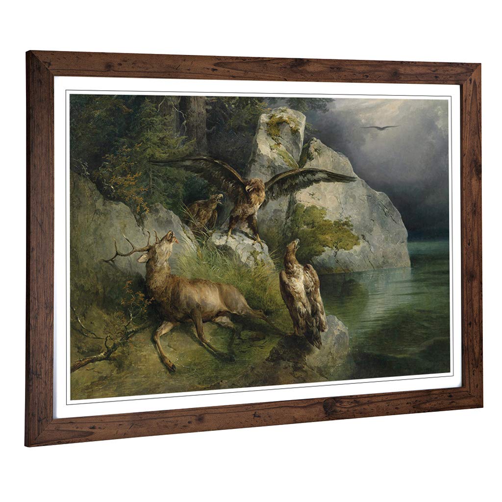 Big Box Art Framed Print of Friedrich Gauermann Eagles, Stag and Deer Design | Wall Art Picture | Home Decor for Kitchen, Living Room, Bedroom, Hallway, Walnut, A2 / 24.5x18 Inch / 62x45cm