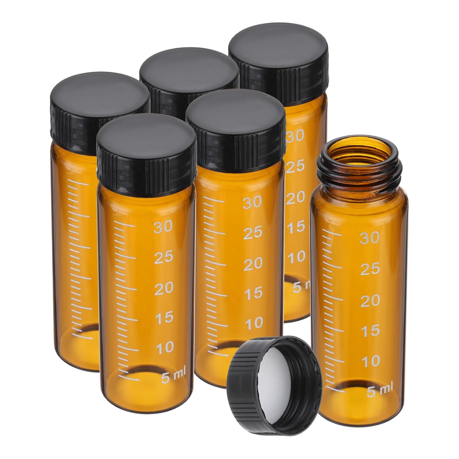 PATIKIL 6pcs 30ml Small Brown Glass Vials with Black Screw Cap, Borosilicate Glass Graduated Sample Bottles for Solid Liquid Powder Storage
