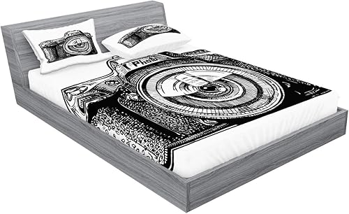 Miniatura 2 de Ambesonne Juego de sábanas bajeras y fundas de almohada, diseño de boceto retro que captura recuerdos, impresión clásica de los viejos tiempos,