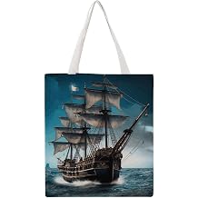 Pirate Ship Canvas Tote Bag for Women Men Reusable Shopping Bags with Handles Quilted Utility Tote Casual Shoulder Handbag for Grocery Beach Work Gym Picnic Diaper | Eco-Friendly